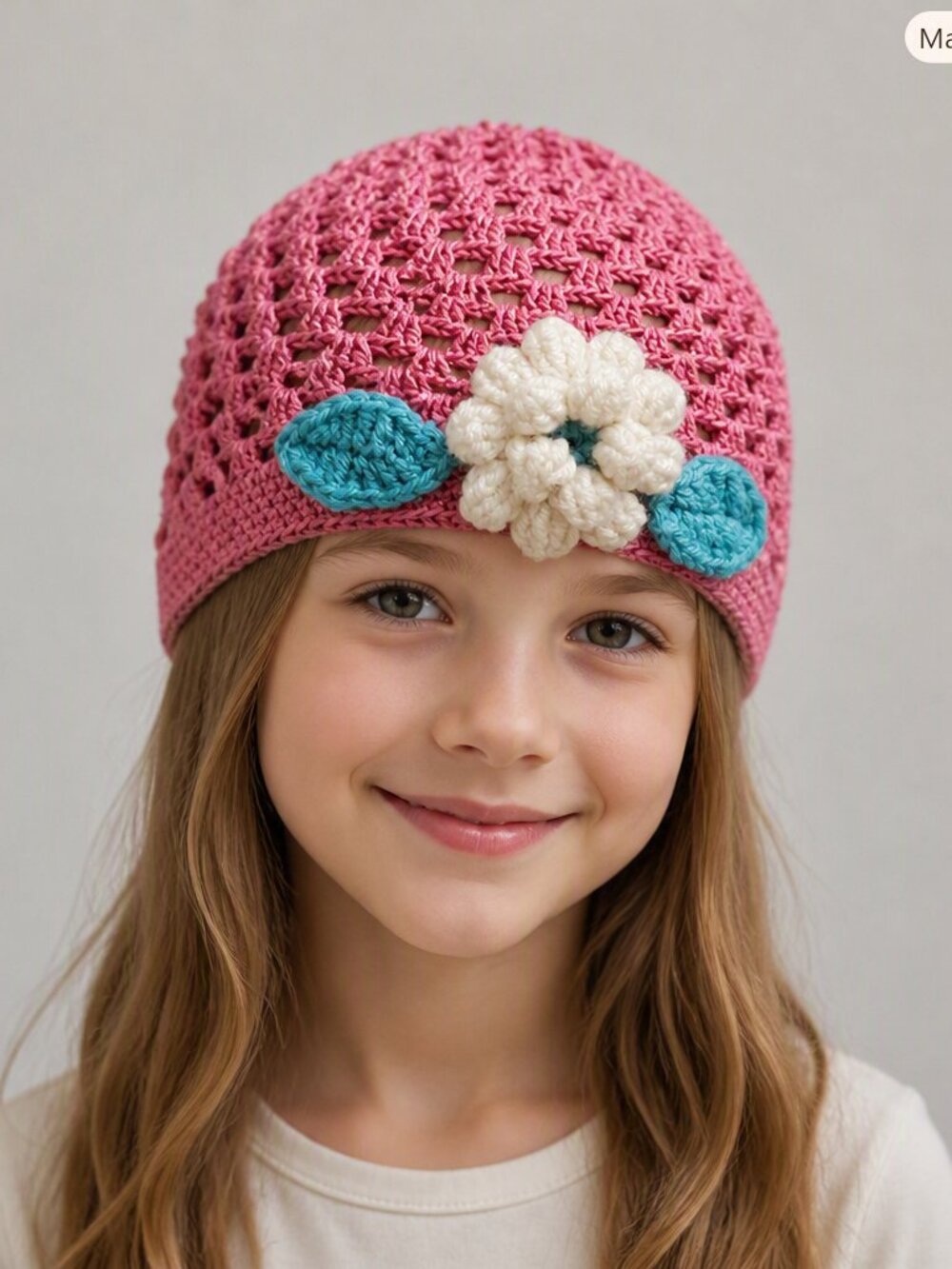 Kid's Pink Crochet Beanie with White Flower